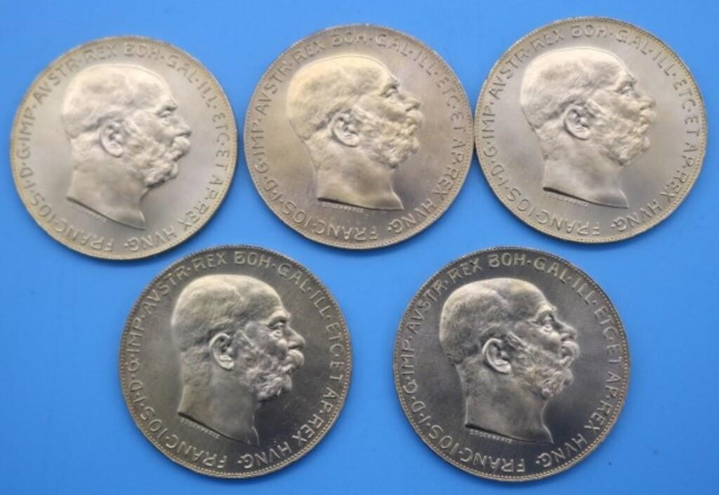 Five Austrian 100 Corona Restrike Gold Coins